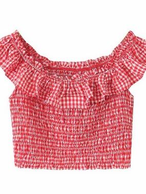Zara Red and White Gingham Off-Shoulder Smocked Crop Top